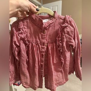 COPY - Zara Red White Gingham Plaid Check Long Sleeve Ruffle Button Down Shirt